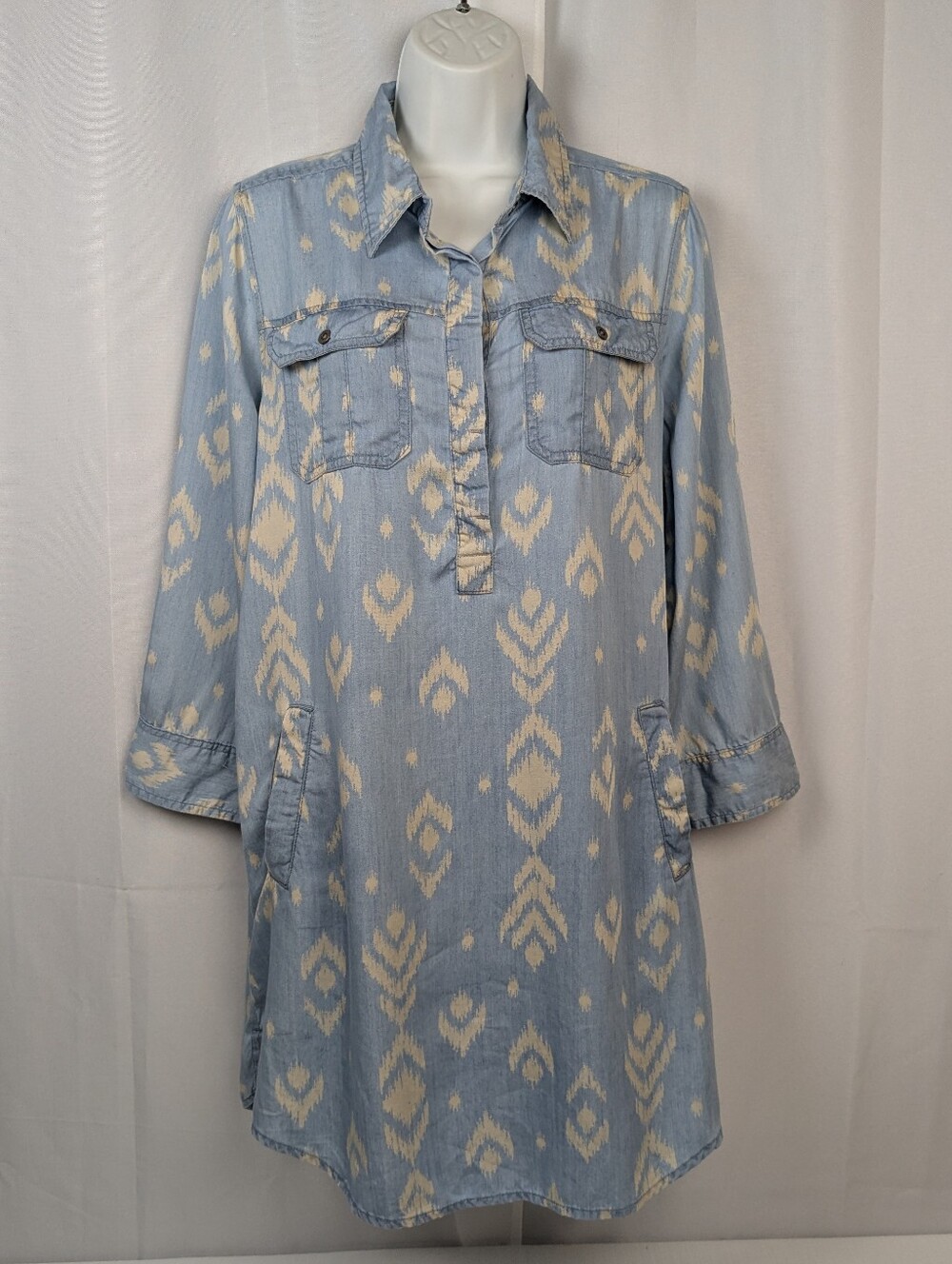 Vtg Simply Styled by Sears M Dress Denim Roll Tab Sleeve White Blue Southwestern